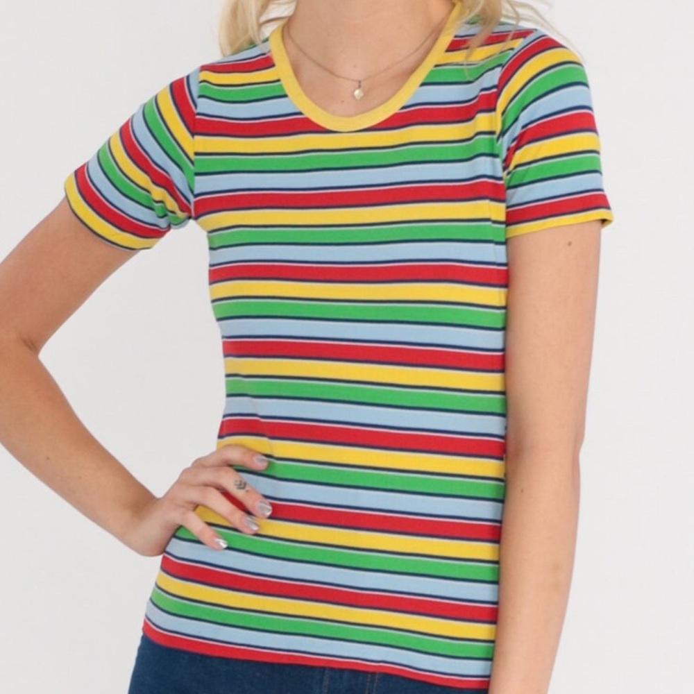 70s Rainbow Ringer polyester tee- XS - Picture 2 of 7